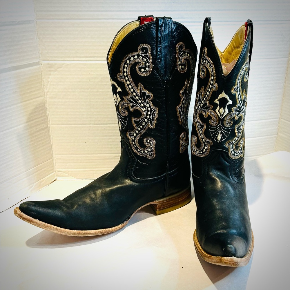 Vintage Men’s Black Leather Western Cowboy Boots 8.5, perfect for rodeo season! - Picture 4 of 10